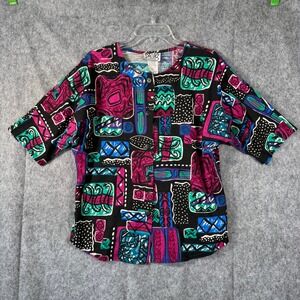 Vtg 80s Colorful Abstract Funky Geometric Top Womens Medium USA Loud Art to Wear